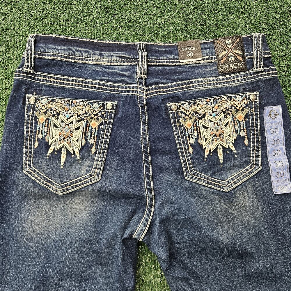 Grace In LA Girl's Aztec Feather Embroidered Pocket Bootcut Jeans EB61779-32 NWT